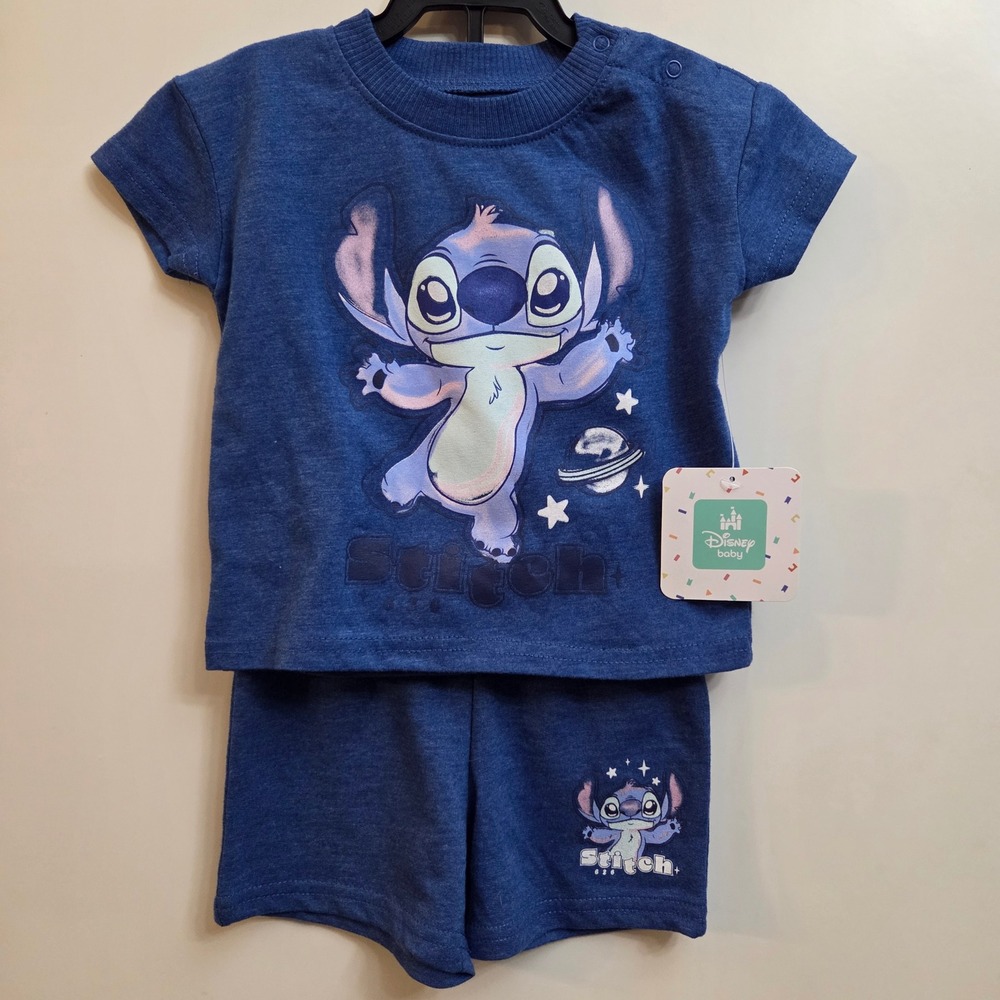 Disney Baby Stitch Heather Blue Graphic T-Shirt and Shorts Set 3-6M NWT